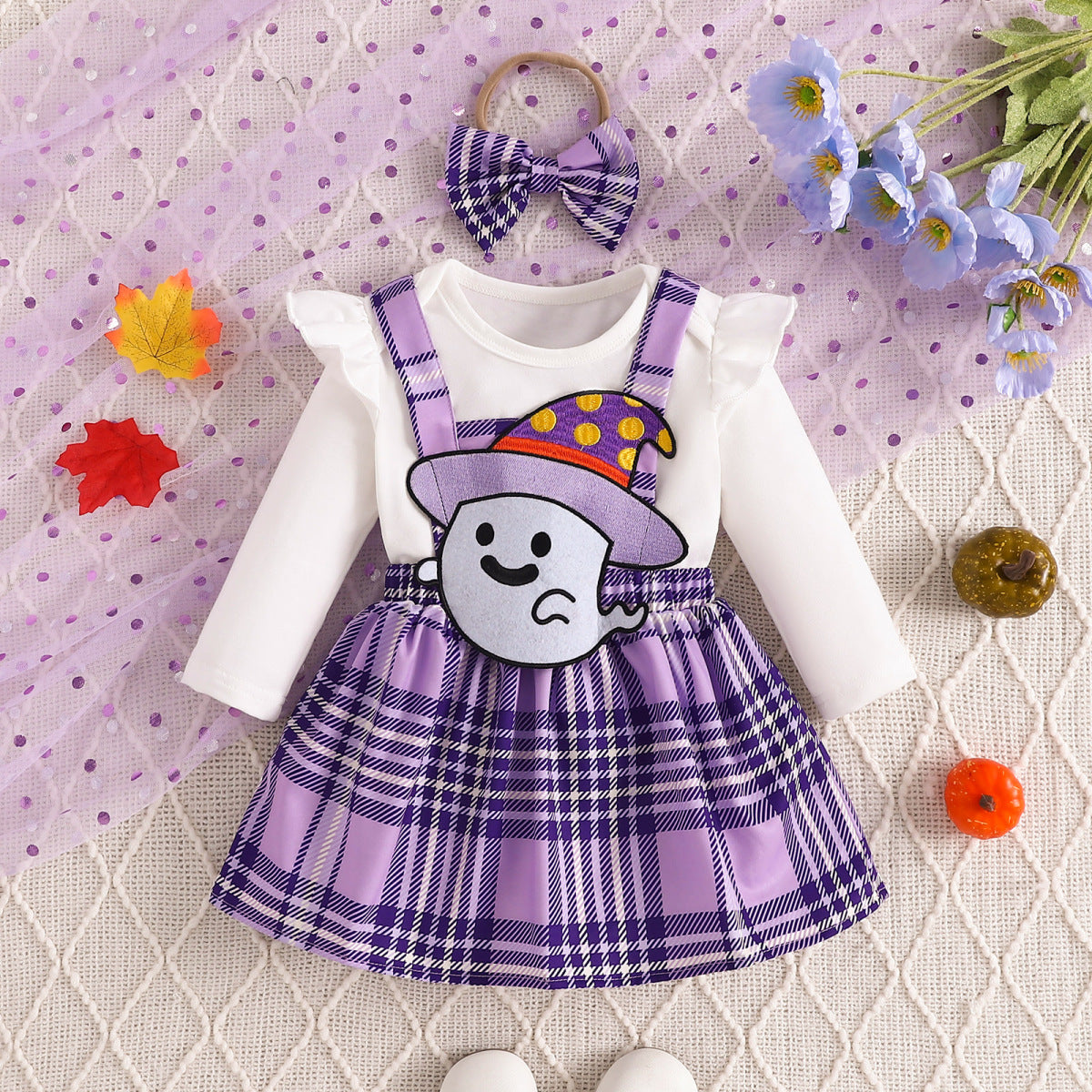 Conjunto de mameluco informal con bordado de fantasmas para niñas pequeñas