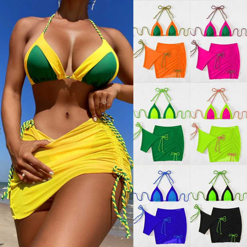 Conjunto de traje de baño sexy con costuras de color en contraste para mujer