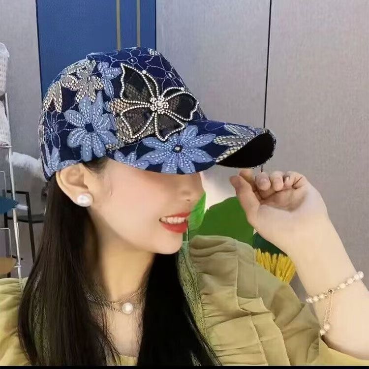 Gorra de béisbol de verano con diamantes de imitación y malla de encaje para mujer