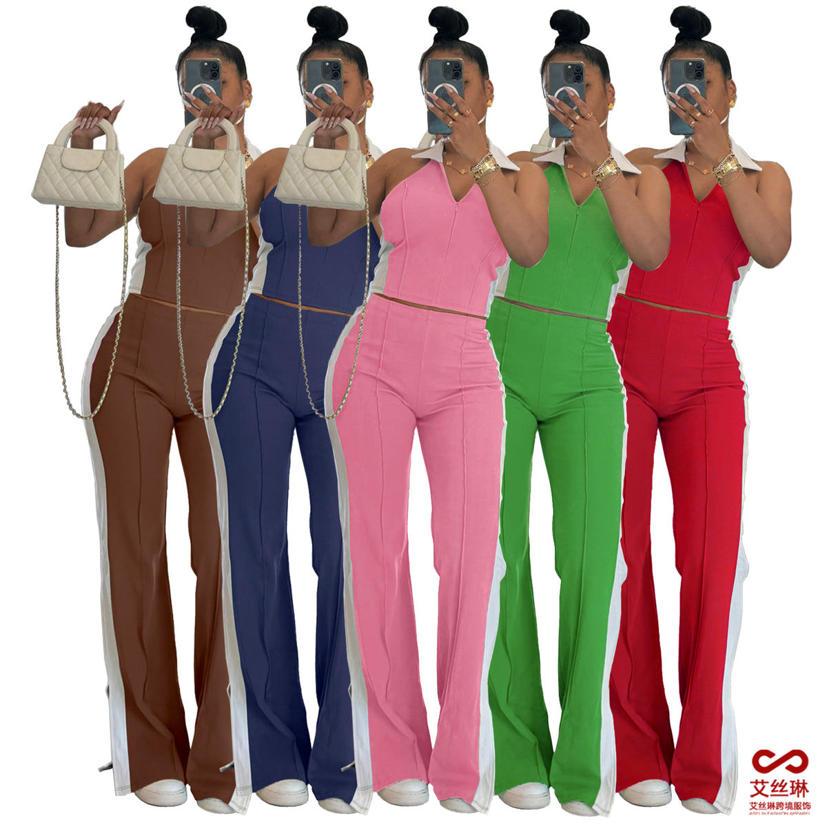 Conjunto de top y pantalón sin mangas con cuello en V y cremallera de color block para mujer