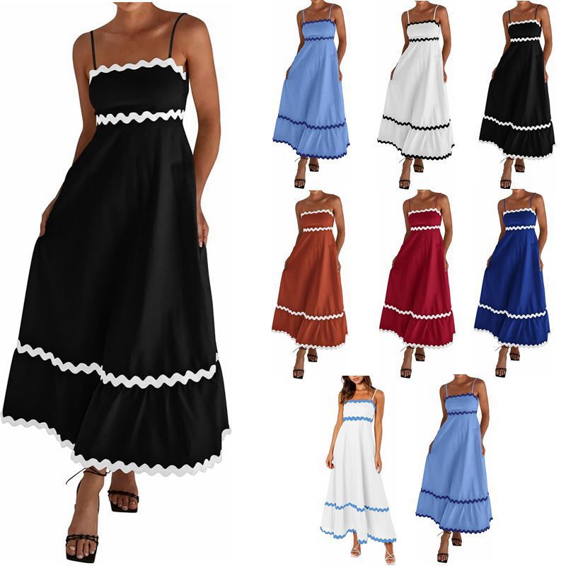Women Casual Summer Vacation Wave Color Blocking Maxi Sun Dress