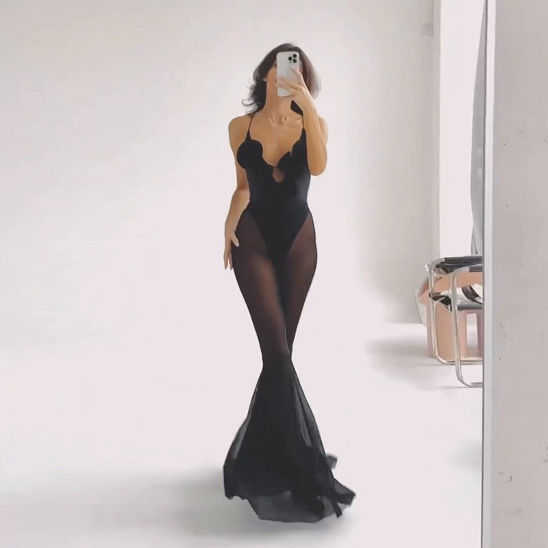 Women Fashion Sexy Mesh Stitching Flared Jumpsuit in Polyester