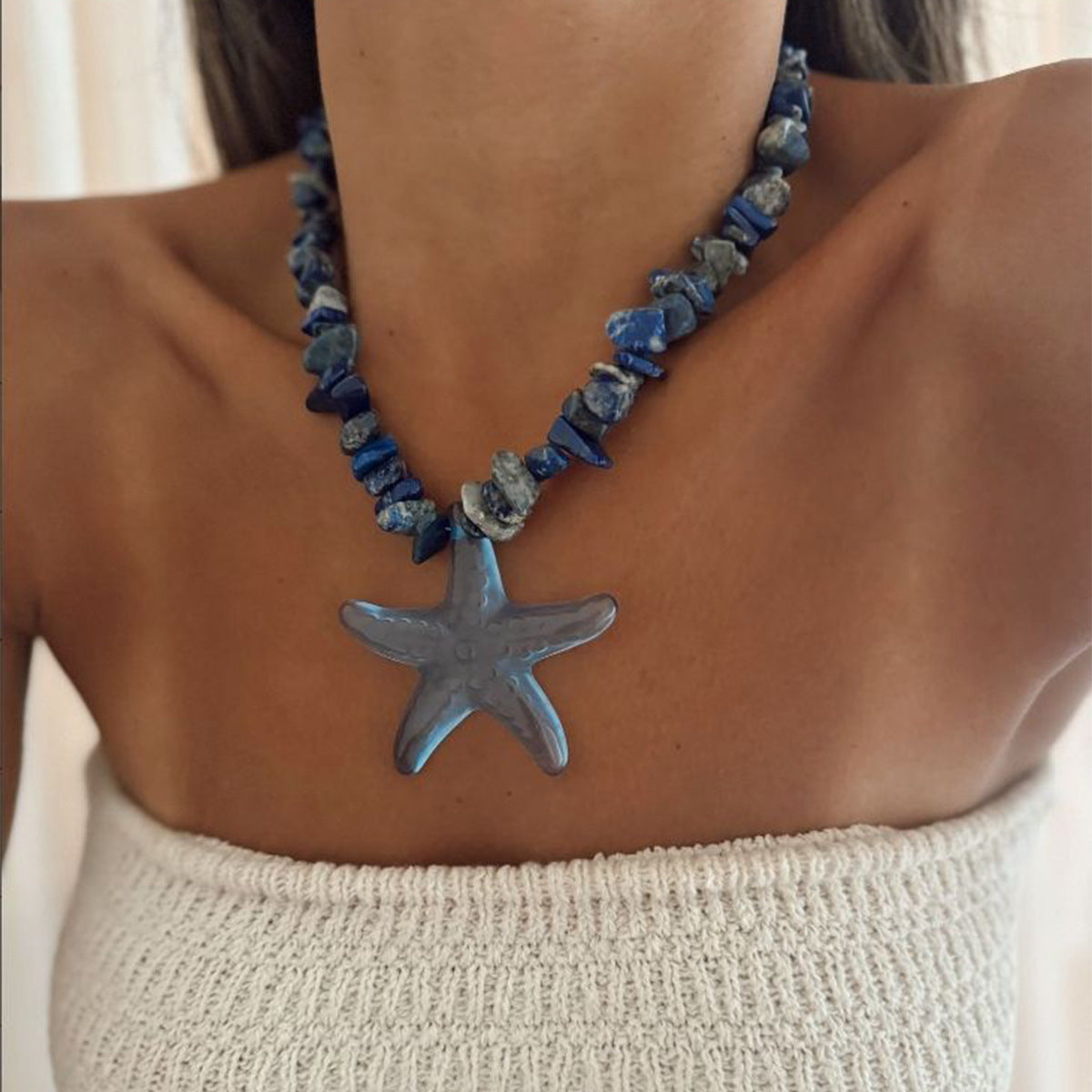 Bohemian Natural Gravel Beaded Starfish Sea Necklace