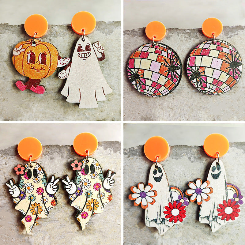 Halloween Women Funny Pumpkin Ghost Spider Earrings