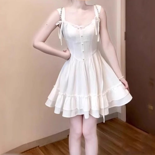 Women Elegant Lace Stitching Sleeveless Dress with V-Neck