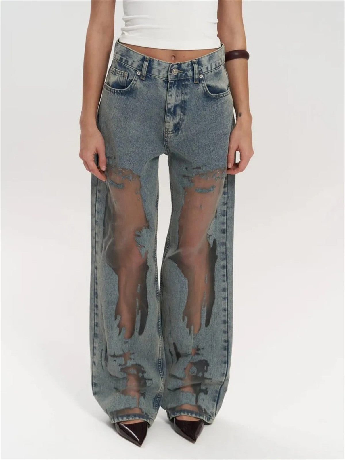 Women Fashion Creative Mesh Hollow Out Splicing Loose Wide Leg Jeans