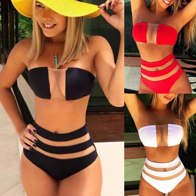 Conjunto de traje de baño de malla de color sólido sexy para mujer de verano