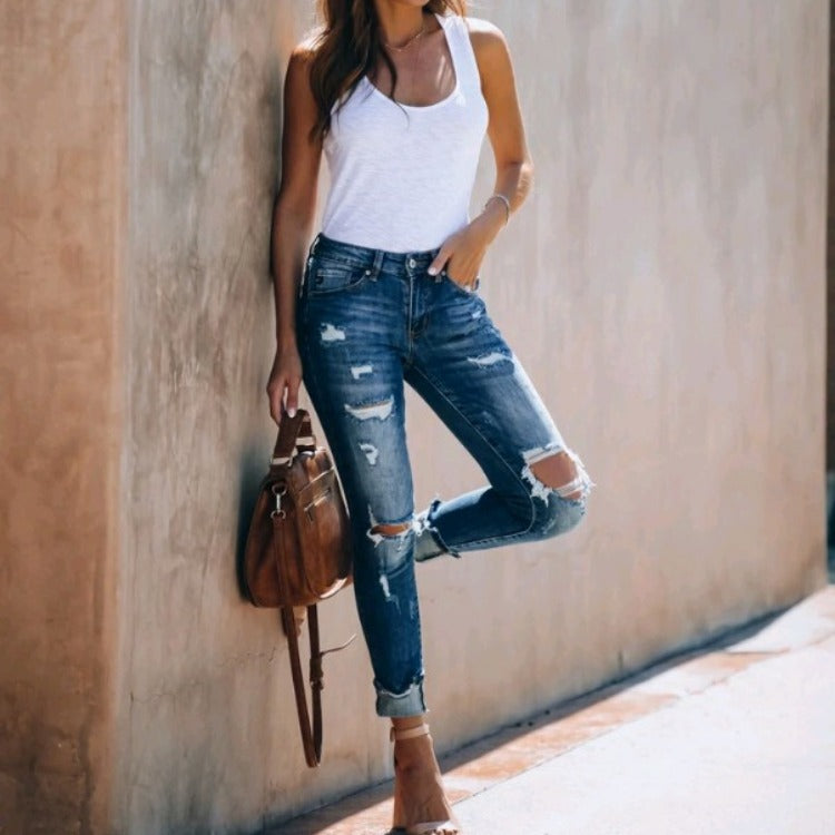 Vaqueros rasgados de cintura alta estilo retro para mujer, estilo algodón elástico