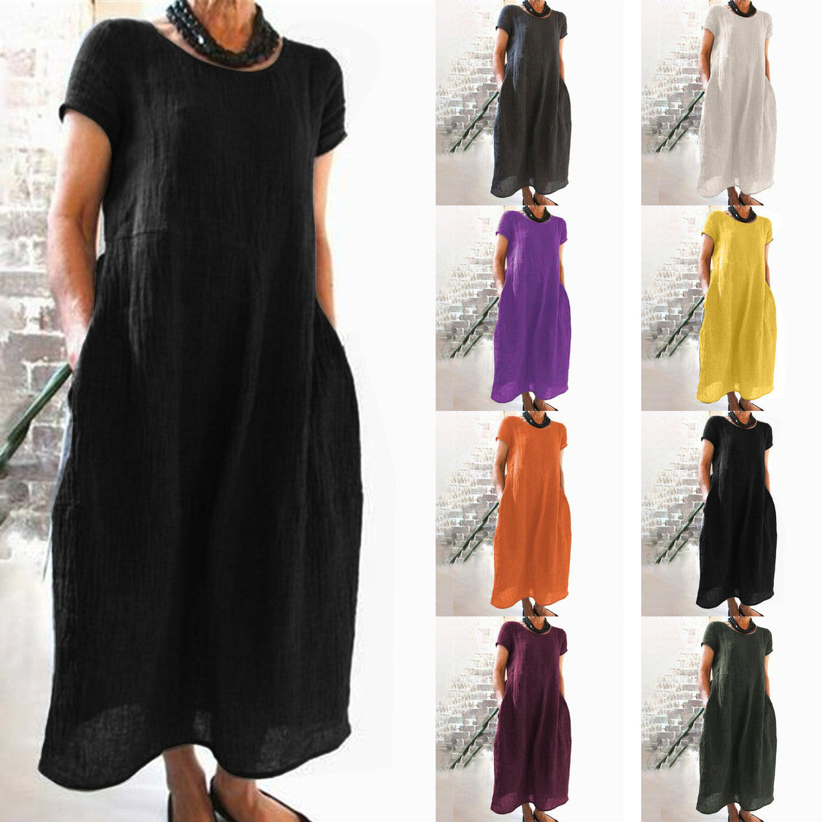 Vestido informal holgado de algodón y lino de color liso para mujer