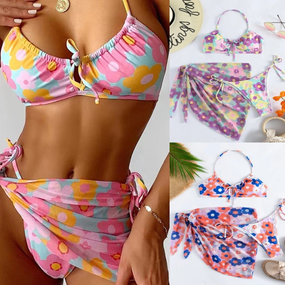 Conjunto de bikini sexy con cuello halter y estampado floral a la moda para mujer