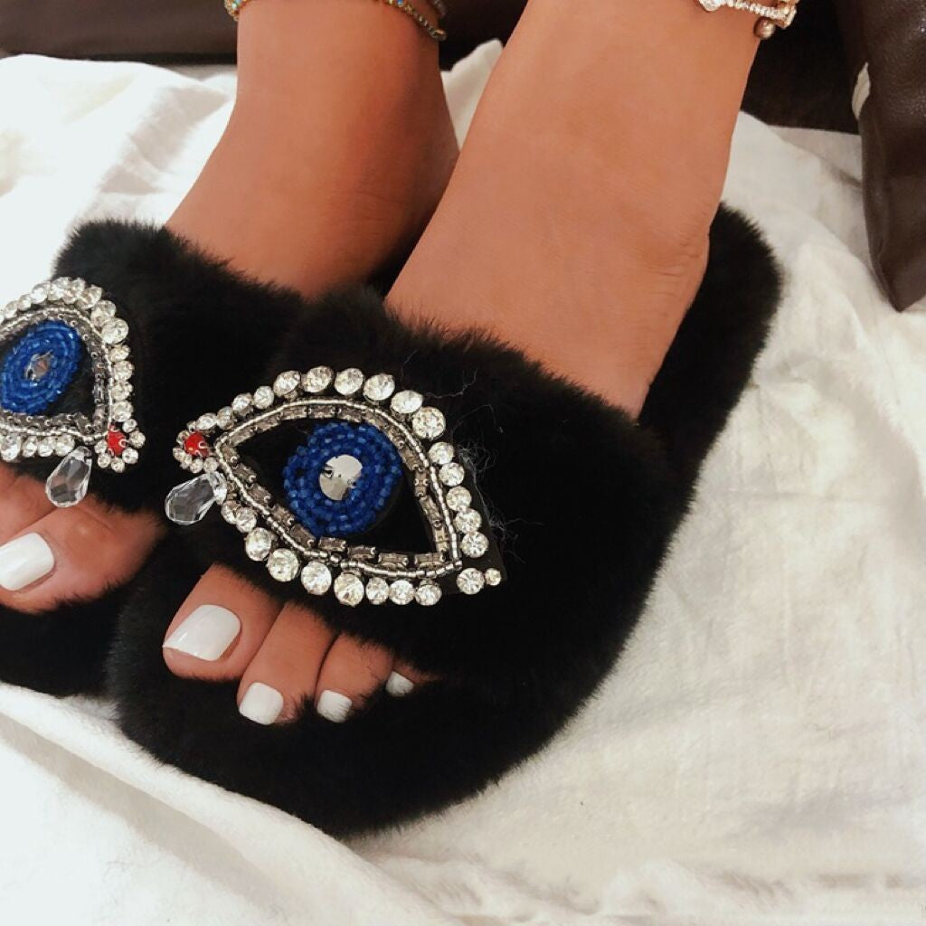 Pantuflas planas de felpa con diseño de ojo malvado para mujer, tallas grandes