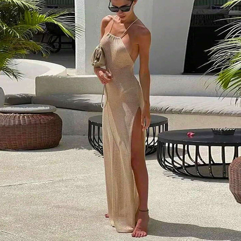Women Fashion Sexy Solid Color Knitted Halter Dress