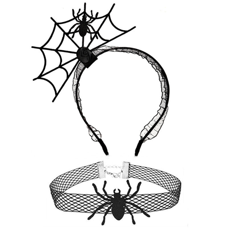 Ensemble de bijoux ras du cou en dentelle avec bandeau en toile d'araignée noire pour femme, idéal pour Halloween