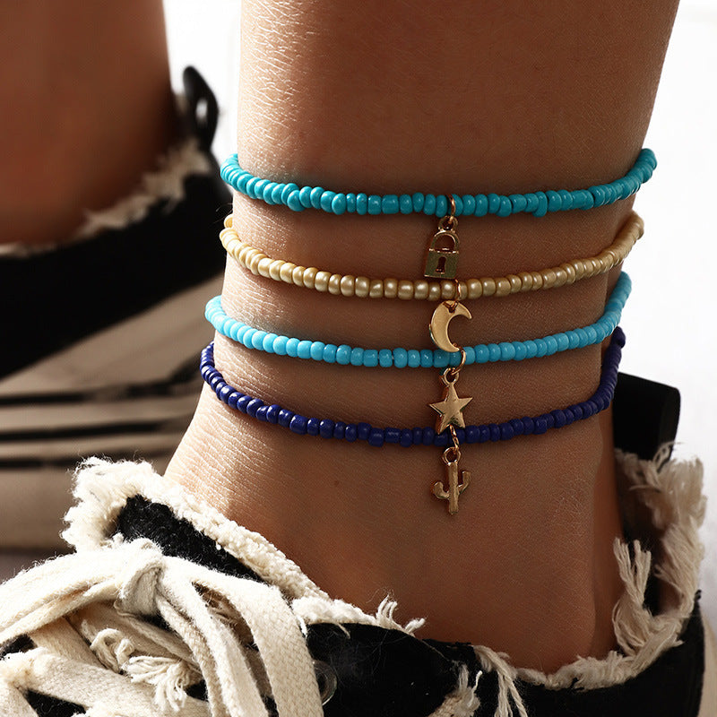 Conjunto de tobilleras con candado bohemio, estrella creciente y cactus