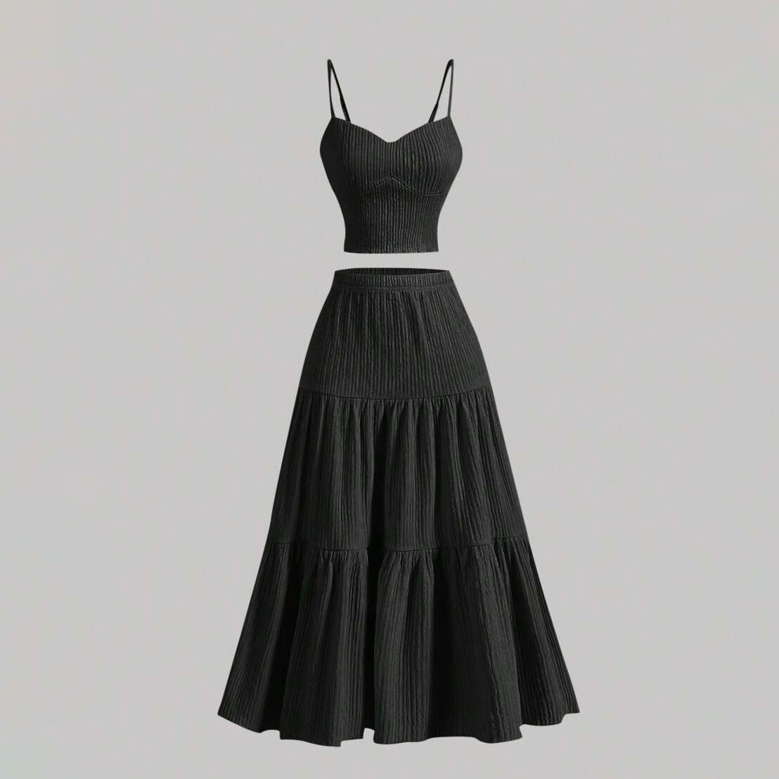 Women Fashion Casual Solid Color Camisole Top Loose Skirts Two-Piece Set