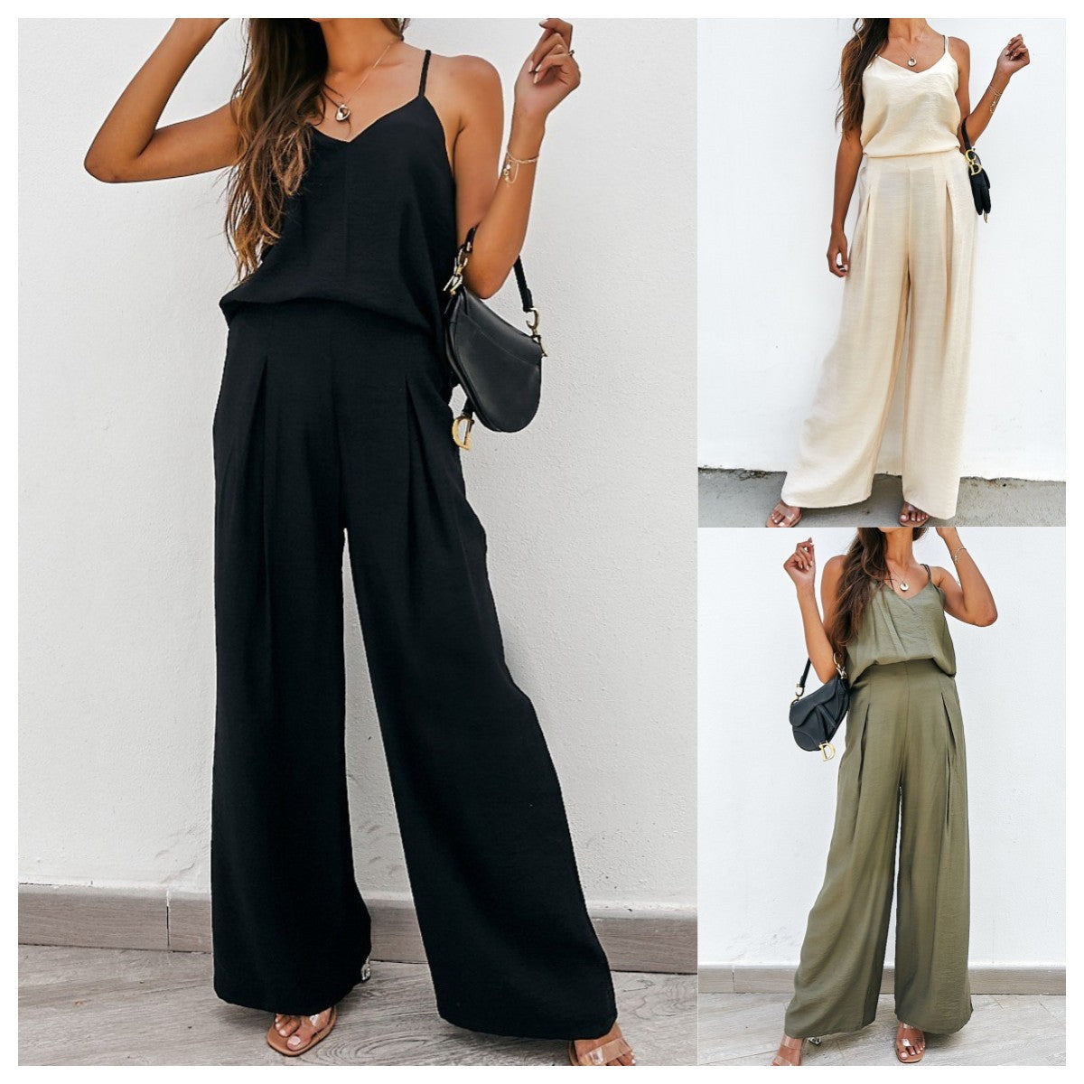 Women Casual Solid Color Sling Top and Pants Set