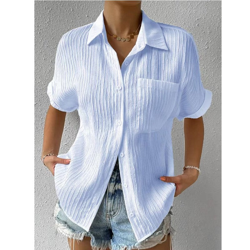 Women Casual Solid Color Cotton Blend Blouse