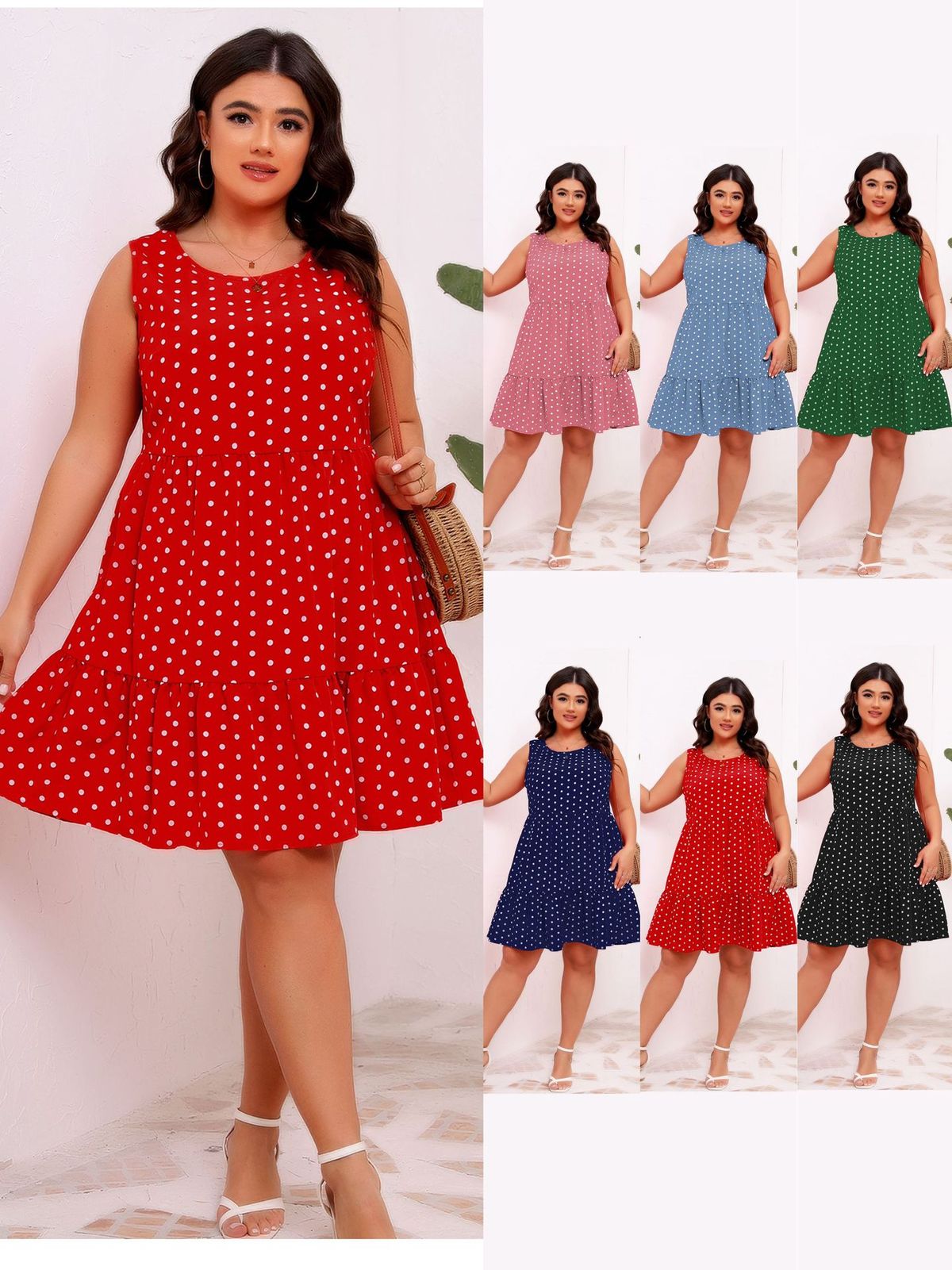 Women Casual Plus Size Dot Print Sleeveless Dress