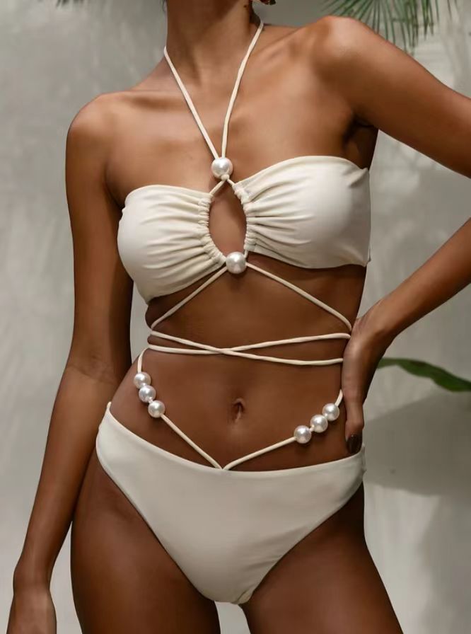 Women Fashion Sexy Solid Color Beads Bikini Swimsuit