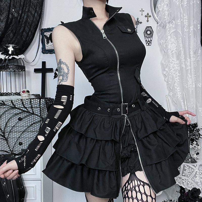 Robe gothique sans manches zippée de couleur unie pour femme