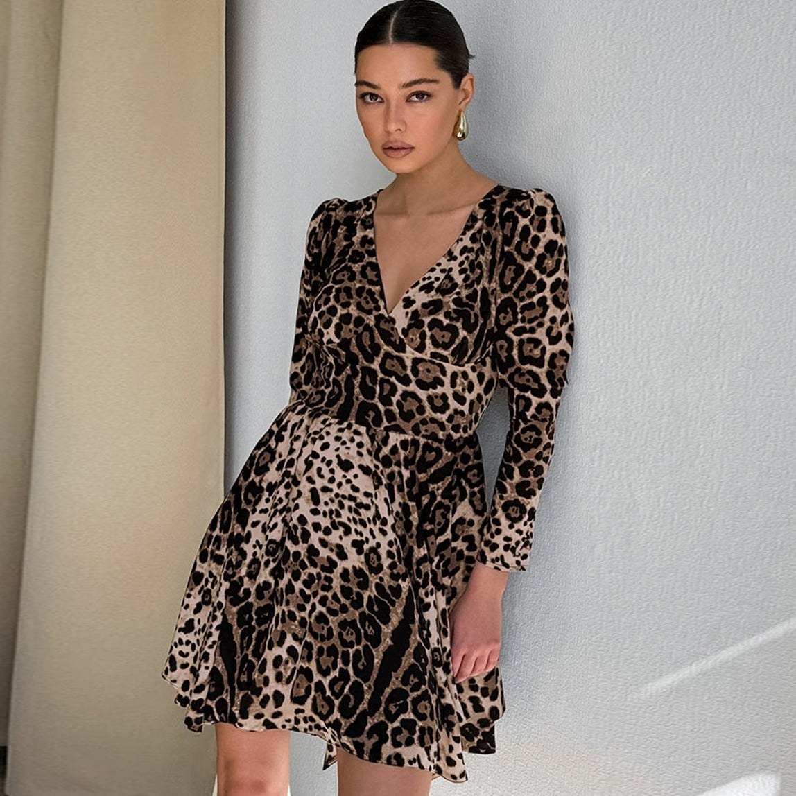 Vestido de manga larga con estampado de leopardo para mujer