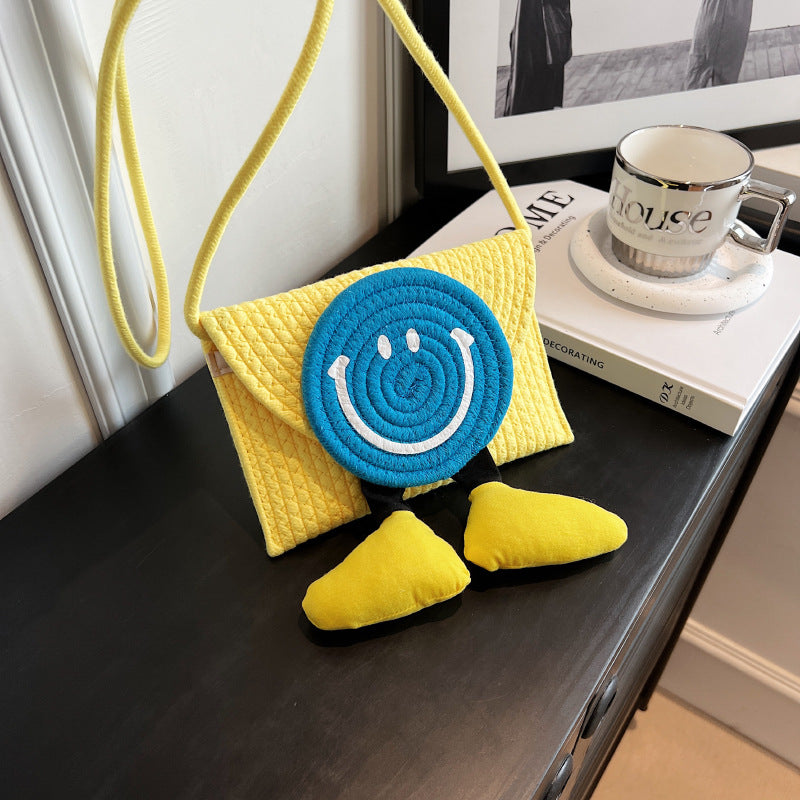 Bolso bandolera creativo de paja con carita sonriente de verano