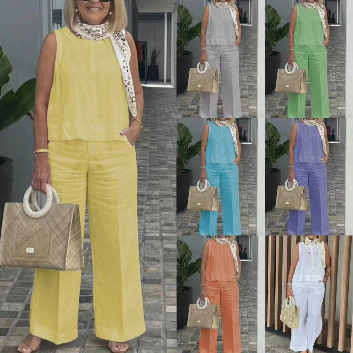 Women Summer Cotton Linen Sleeveless Plus Size Set