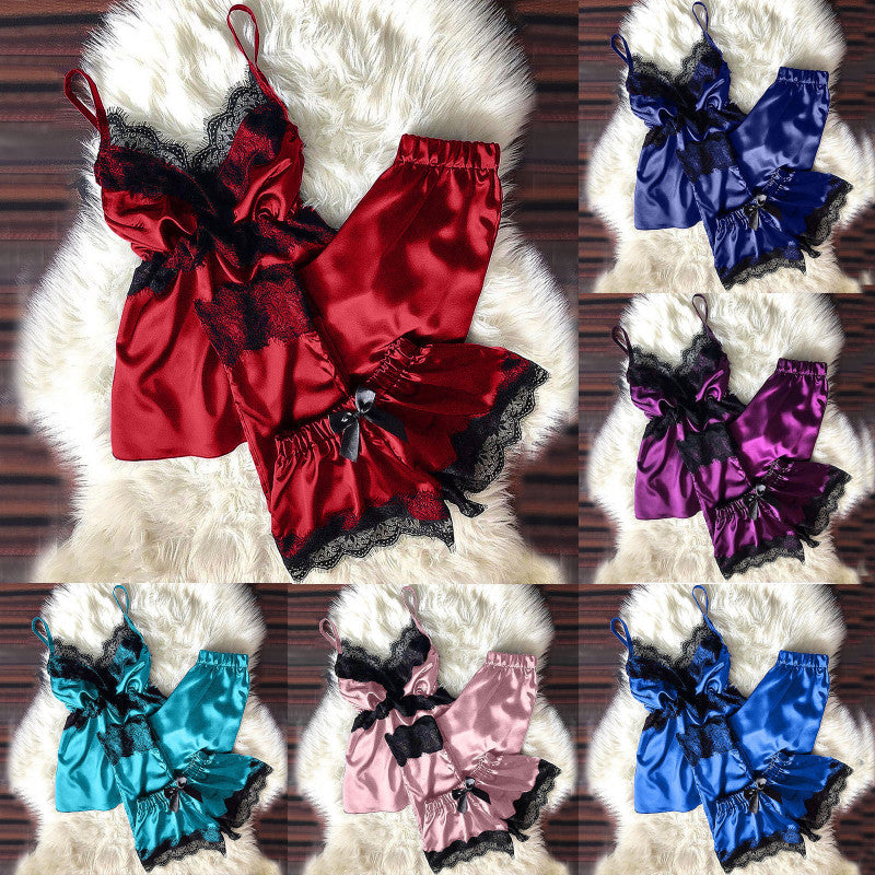Sexy Women Solid Color Satin Lace Patchwork Pajamas Set