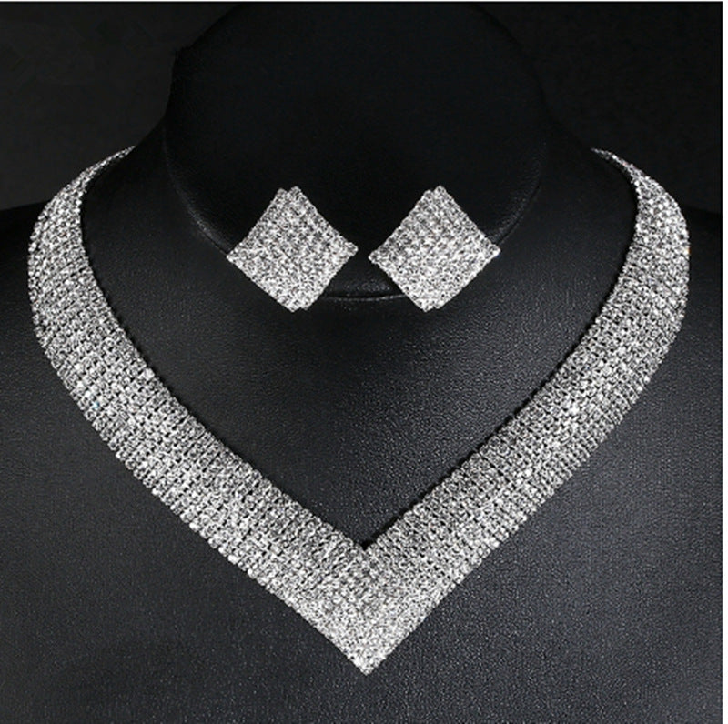 Women Fashion Elegant Rhinestone Earrings Necklace Set