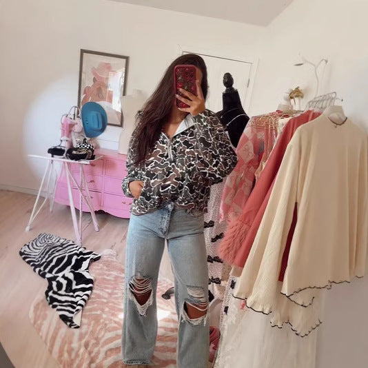 Autumn Western Animal Print Zipper Sweatshirt
