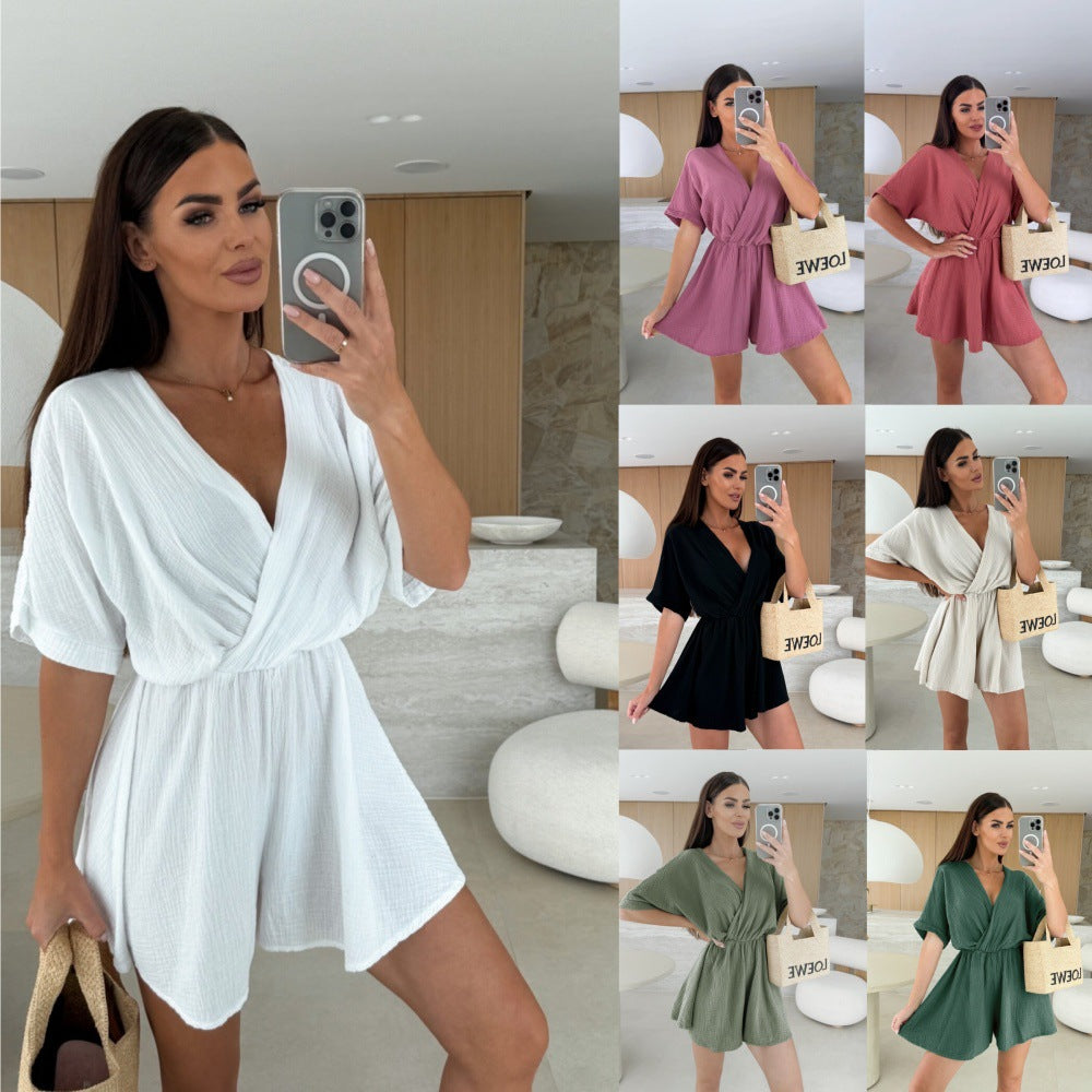Combinaison ample à col en V et couleur unie pour femme
