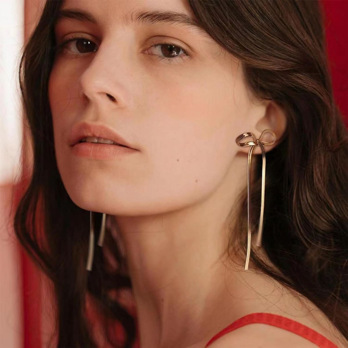 Women Fashion Simple Long Bowknot Chain Earrings