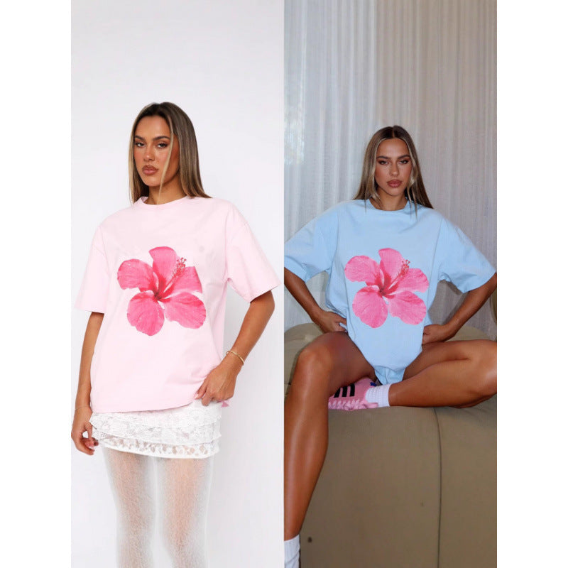 T-shirt ample décontracté en coton à imprimé floral pour femme
