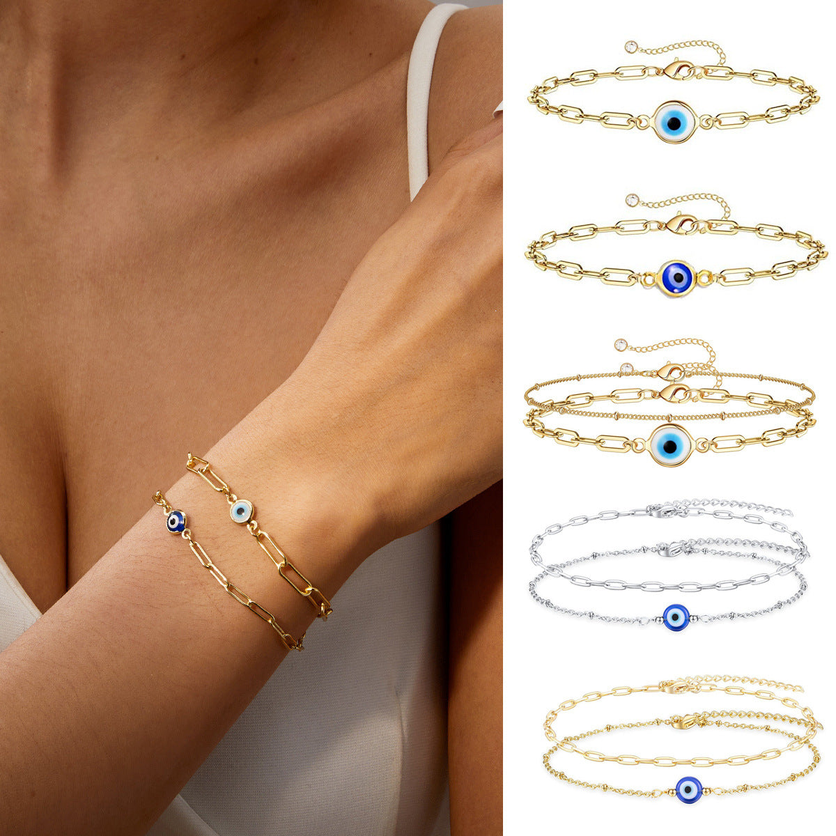 Pulsera de acero inoxidable con clip de ojo malvado
