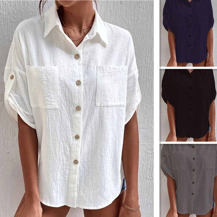 Blusas de lino y algodón de color liso a la moda para mujer
