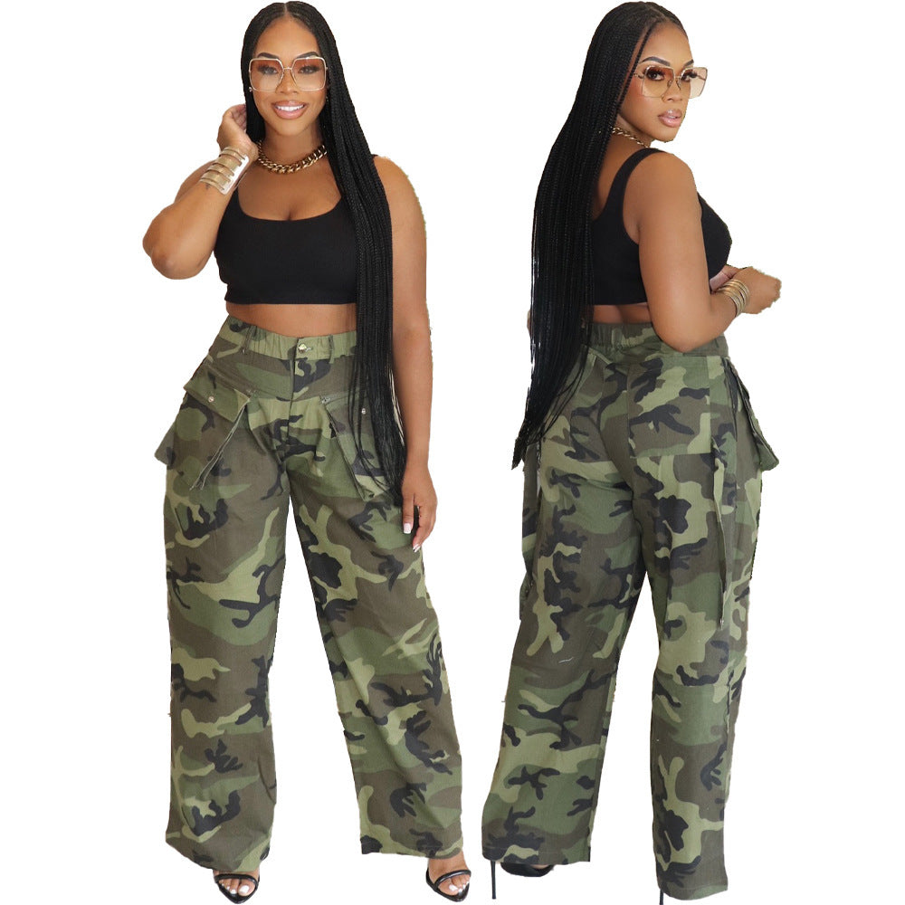 Pantalon large à imprimé camouflage décontracté pour femme