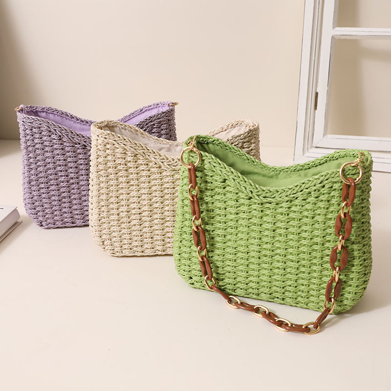 Bolso de hombro bohemio informal de paja tejida