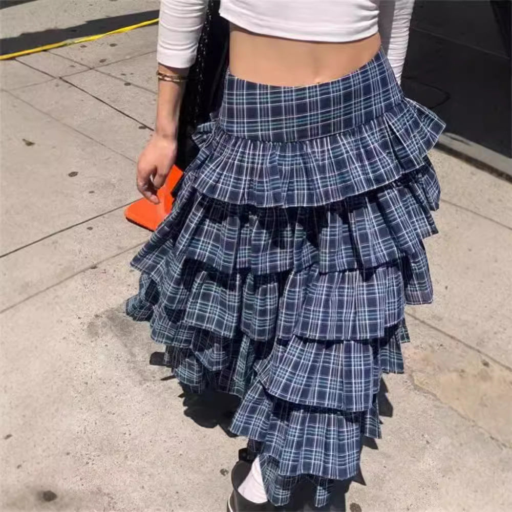 Women Fashion Retro Blue Plaid Multi-Layer Ruffled Skirt