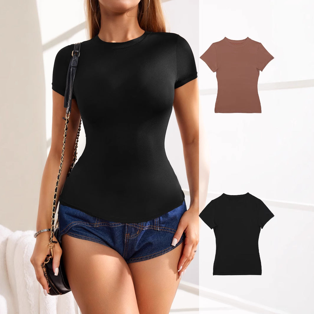 Camiseta básica informal elástica de manga corta para mujer - Poliéster y elastano cómodos