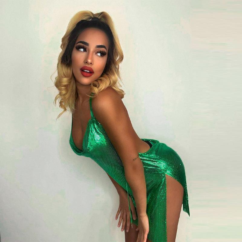 Women Sexy Backless Solid Color Split Dress