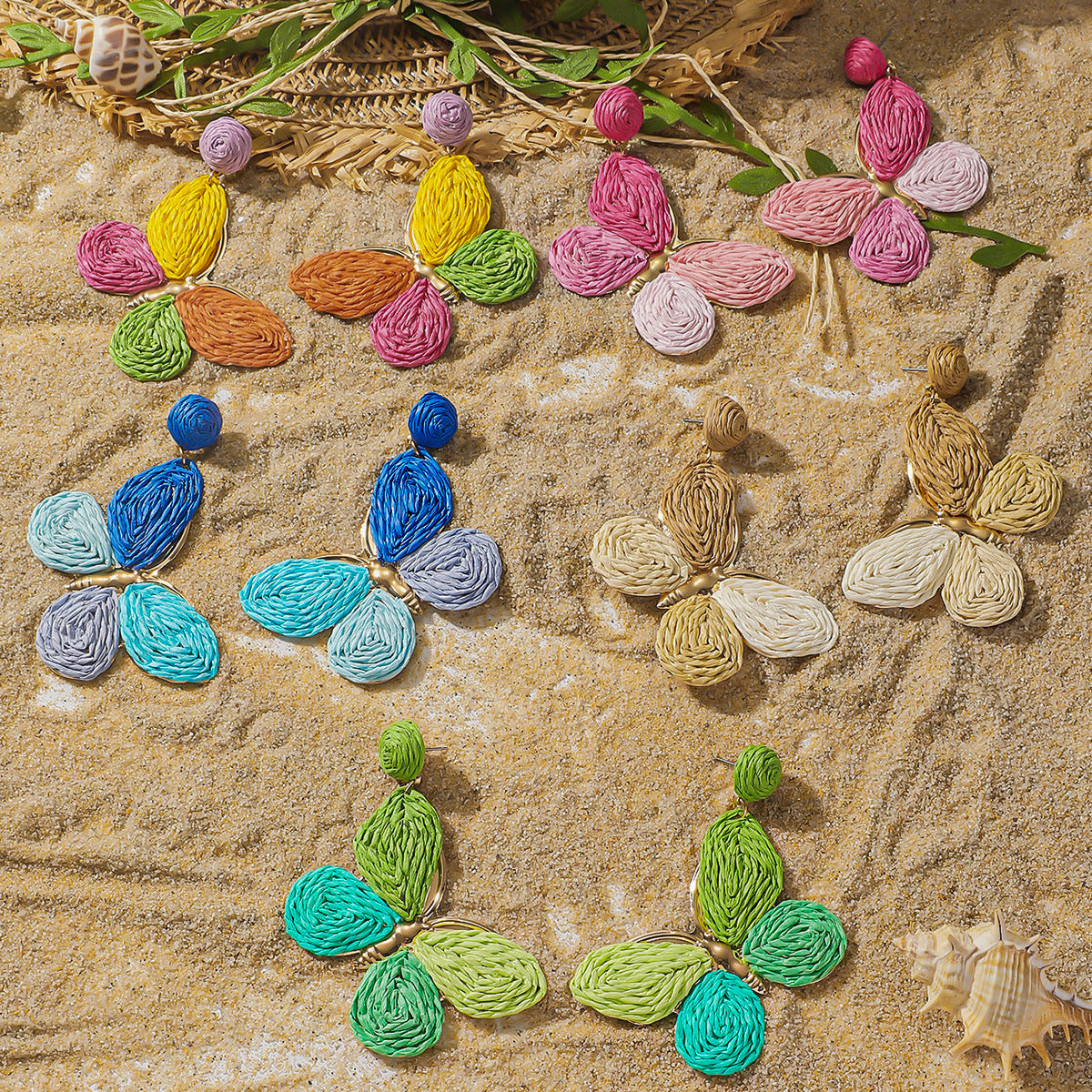 Boucles d'oreilles papillon multicolores en raphia pour femmes