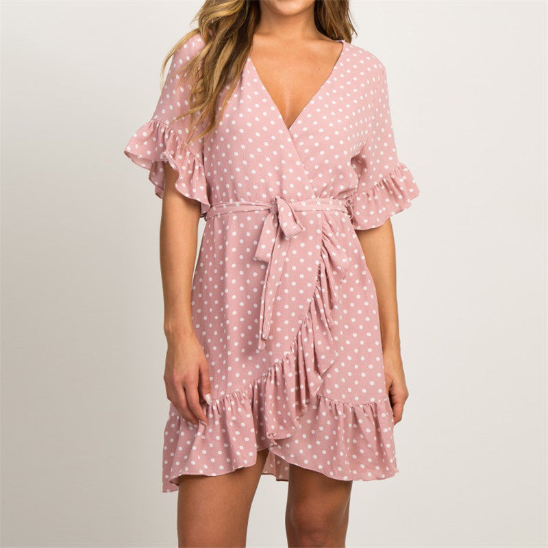 Robe d'été élégante en mousseline de soie style bohème à manches courtes et col en V pour femme