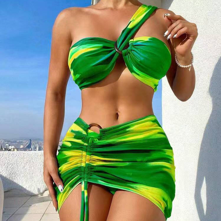 Traje de baño sexy de tres piezas con estampado tie-dye para mujer