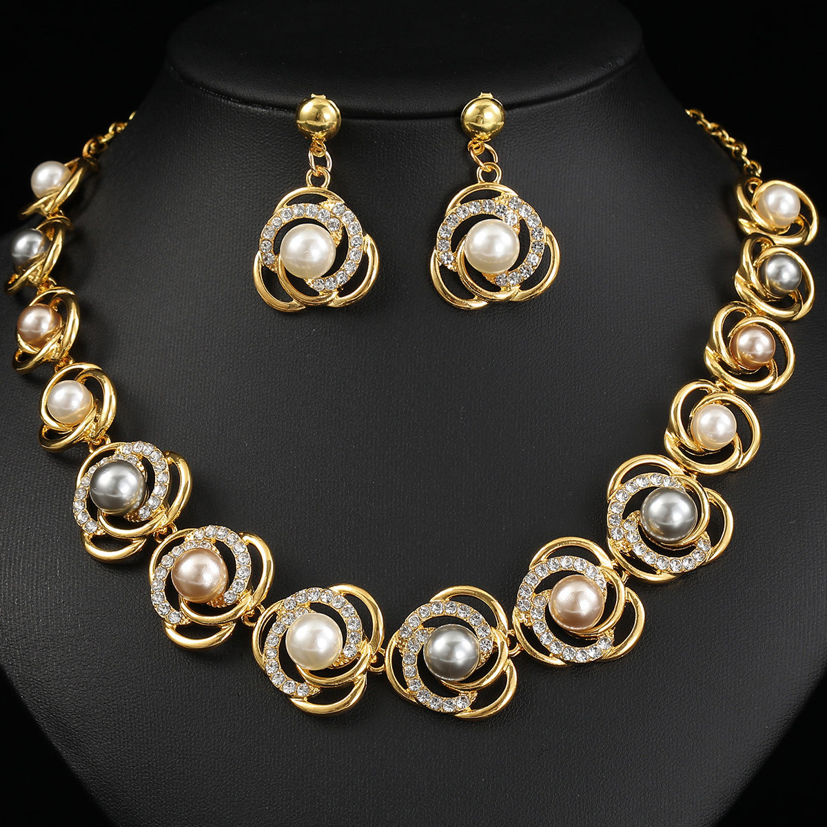 Women Fashion Elegant Alloy Plating Pearl Zircon Earrings Necklace Set