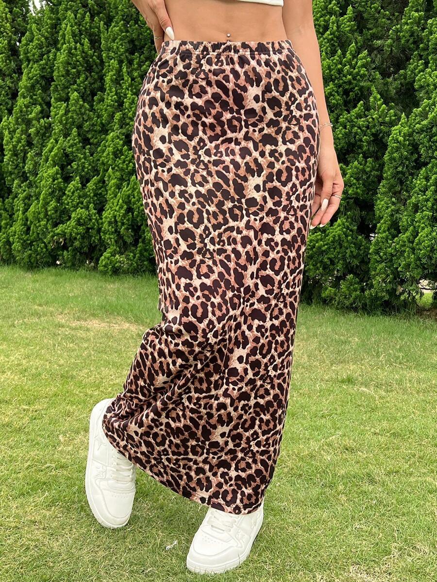 Falda ajustada de cintura alta con estampado de leopardo informal a la moda para mujer