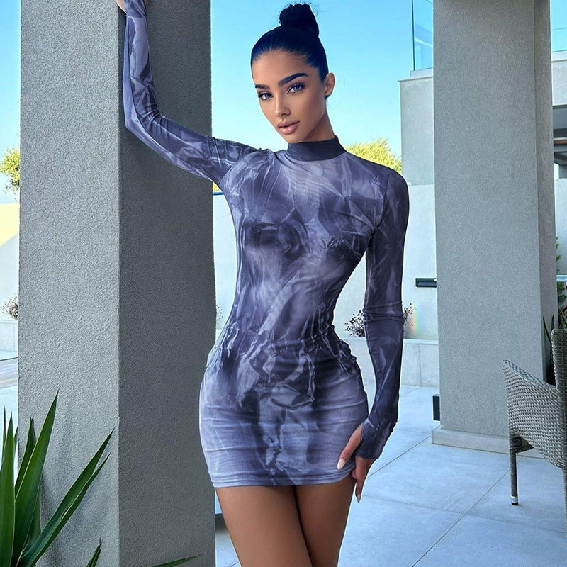 Women Fashion Sexy Printed Round Neck Long Sleeve Dress