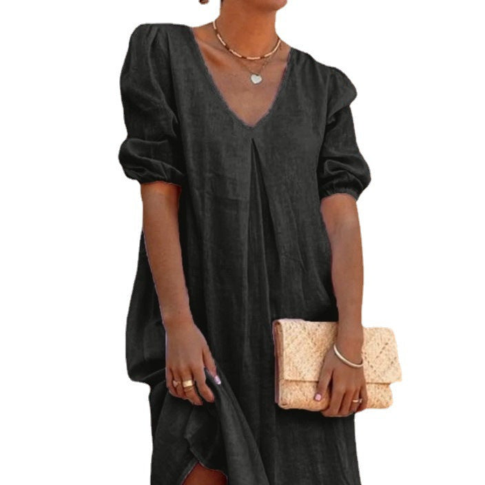 Women Fashion Casual Solid Color Cotton Linen V-Neck Dress