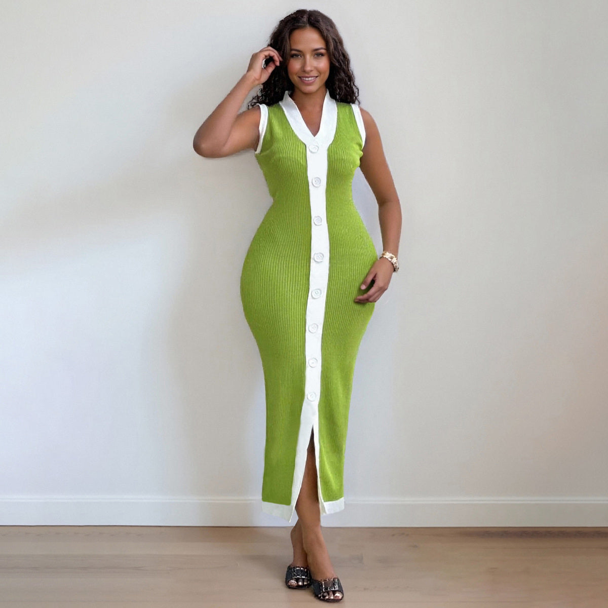 Women Fashion Casual Contrast Color Knitted V-Neck Dress