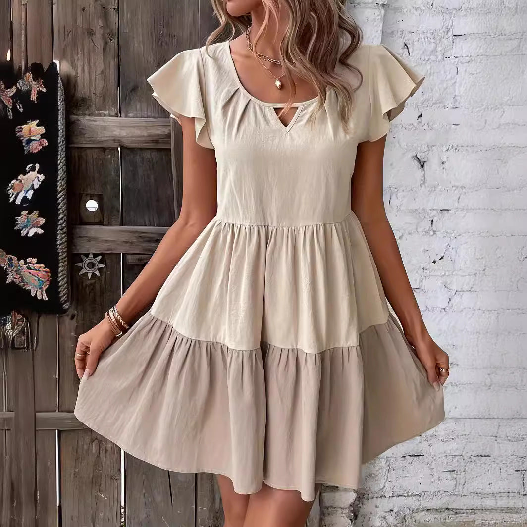 Robe décontractée en coton et lin à col en V pour femme