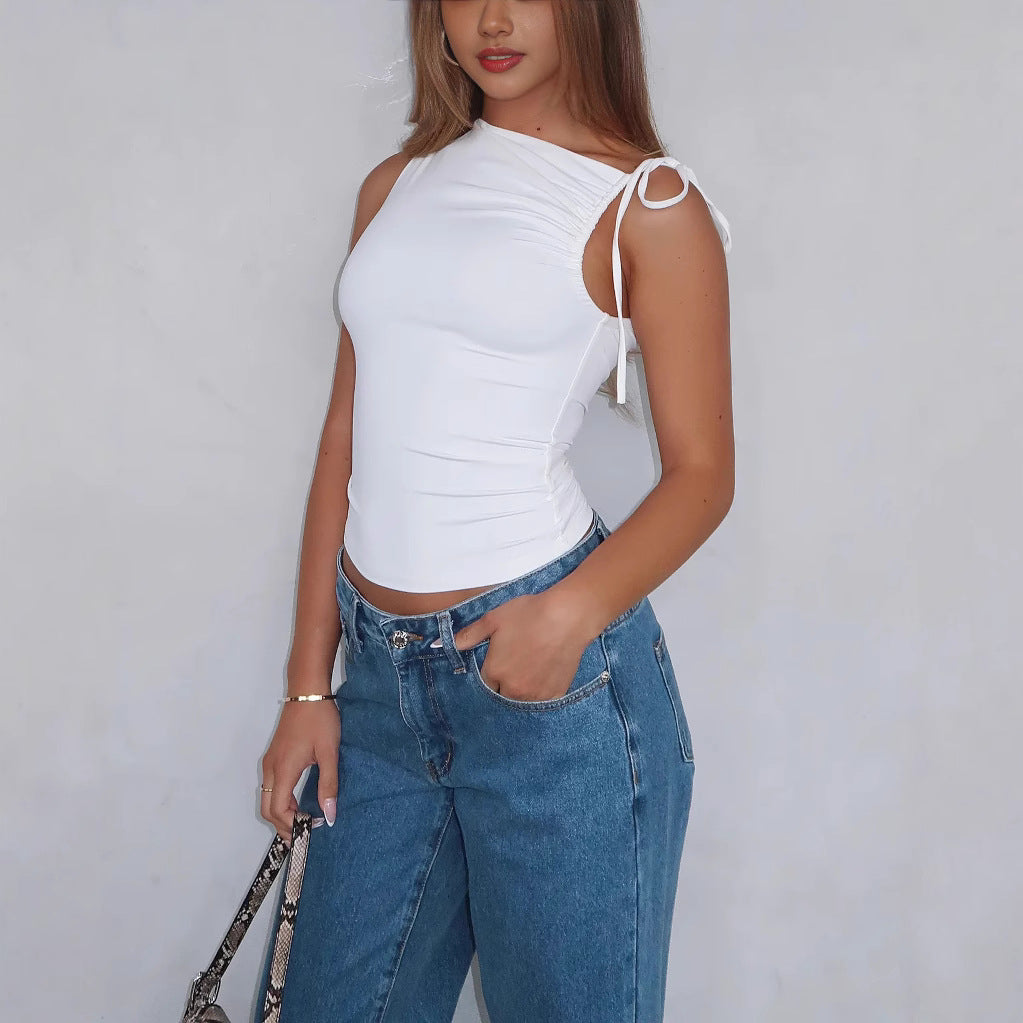 Top corto sexy de color sólido con cordón para mujer